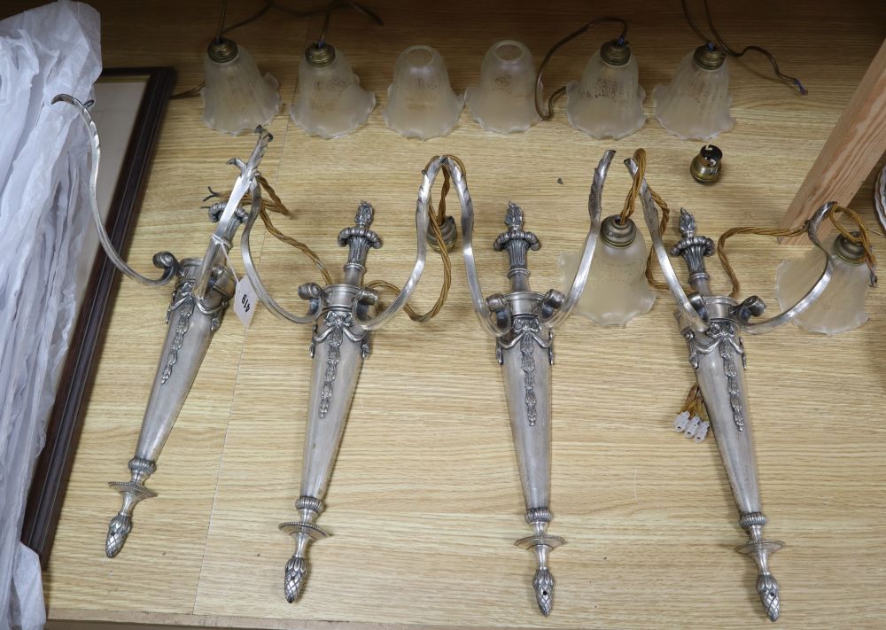 A set of four electric torchere wall lights, 41cm, with etched glass shades